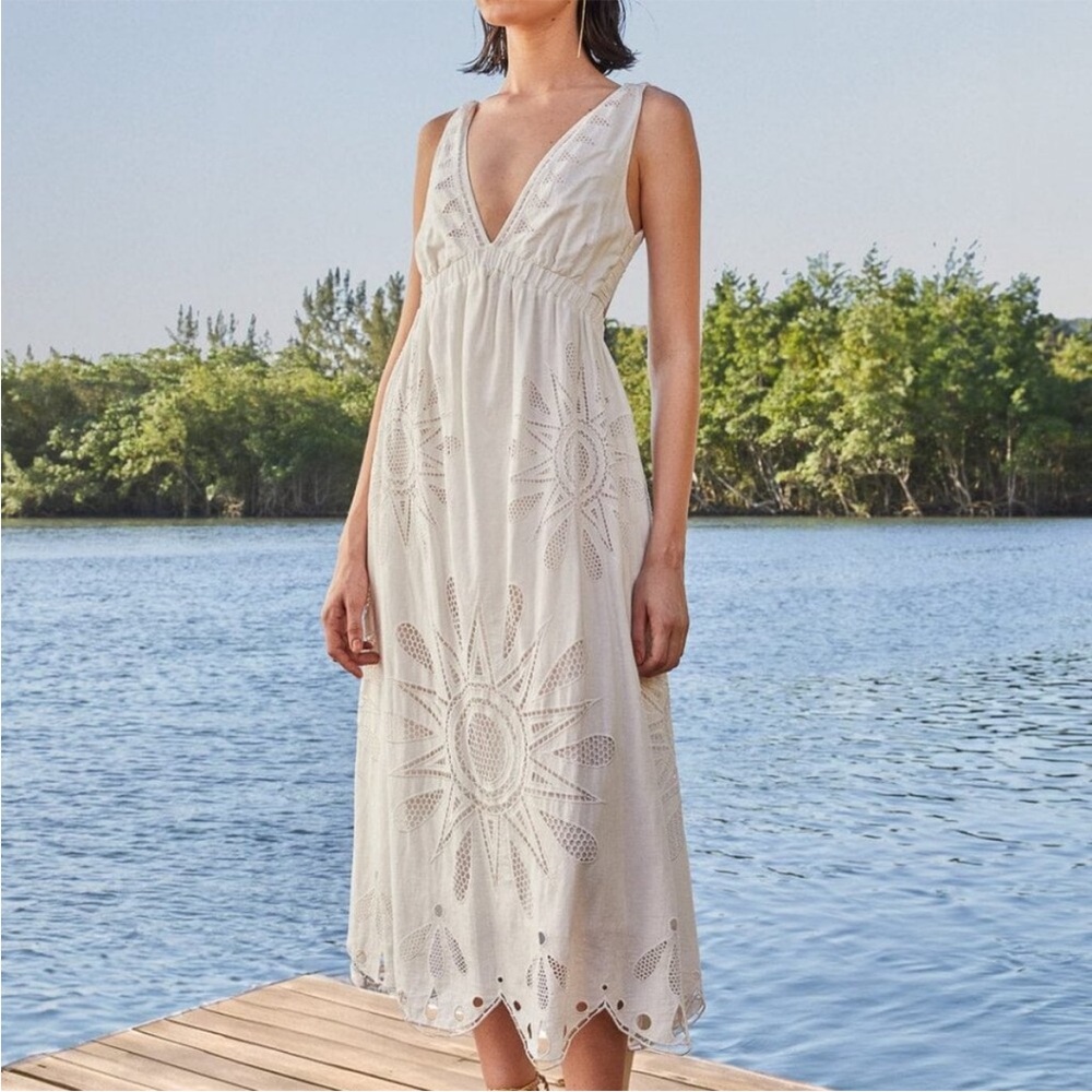 Farm Rio Womens  Richelieu Linen-Blend Maxi Dress, White Size XS Extra Small